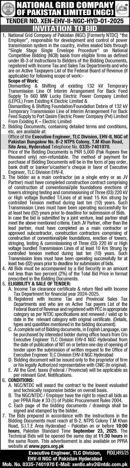 National Grid Company of Pakistan Limited Hyderabad Tender Notice